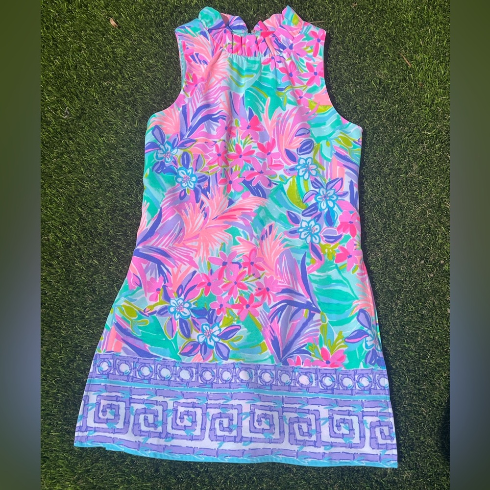 Lilly Pulitzer Adalina Romper Dress Shorts Ruffle Neck Sz 00 Pink Purple Bamboo
